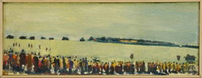 Lot 1331 - *Robert Sadler (1909-2001) oil on board - Crowds at the Races, signed, 18.5cm x 52cm. NB: Painted at Newmarket in the 1950s, where Robert Sadler often worked alongside Alfred Munnings.