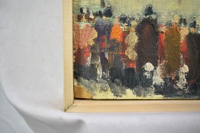 Lot 1331 - *Robert Sadler (1909-2001) oil on board - Crowds at the Races, signed, 18.5cm x 52cm. NB: Painted at Newmarket in the 1950s, where Robert Sadler often worked alongside Alfred Munnings.