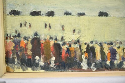 Lot 1331 - *Robert Sadler (1909-2001) oil on board - Crowds at the Races, signed, 18.5cm x 52cm. NB: Painted at Newmarket in the 1950s, where Robert Sadler often worked alongside Alfred Munnings.