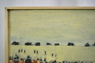 Lot 1331 - *Robert Sadler (1909-2001) oil on board - Crowds at the Races, signed, 18.5cm x 52cm. NB: Painted at Newmarket in the 1950s, where Robert Sadler often worked alongside Alfred Munnings.