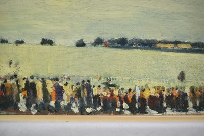 Lot 1331 - *Robert Sadler (1909-2001) oil on board - Crowds at the Races, signed, 18.5cm x 52cm. NB: Painted at Newmarket in the 1950s, where Robert Sadler often worked alongside Alfred Munnings.