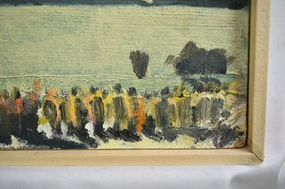 Lot 1331 - *Robert Sadler (1909-2001) oil on board - Crowds at the Races, signed, 18.5cm x 52cm. NB: Painted at Newmarket in the 1950s, where Robert Sadler often worked alongside Alfred Munnings.
