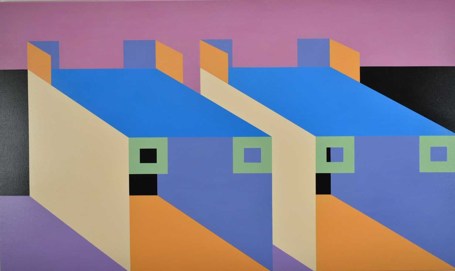 Lot 1318 - Ron Sims (1944-2014) acrylic on canvas - Feline Architecture, 72cm x 122cm, framed