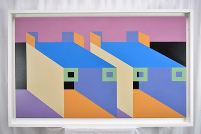Lot 1318 - Ron Sims (1944-2014) acrylic on canvas - Feline Architecture, 72cm x 122cm, framed