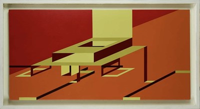 Lot 1322 - Ron Sims (1944-2014) acrylic on canvas - Extended Yellow Winter Deer, 61cm x 122cm, framed