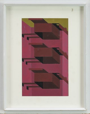 Lot 1325 - Ron Sims (1944-2014) acrylic on canvas - City Birds and Architecture, 30cm x 18cm, in glazed frame