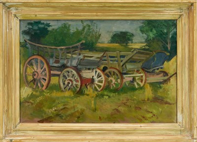 Lot 1197 - Della Chapman (1931-2022) oil on canvas - Harvest Wagons, an oil sketch verso, inscribed, 51cm x 76cm, framed