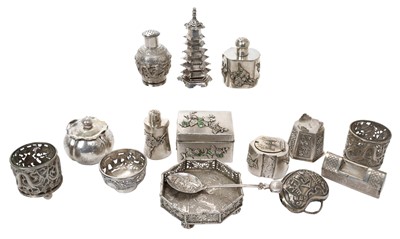 Lot 445 - Collection of Chinese and other Far Eastern silver and white metal, including spot hammered box