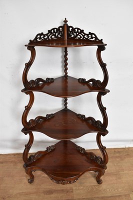 Lot 1516 - Victorian rosewood corner whatnot, with four graduated shaped tiers on cabriole legs, 62cm wide x 42cm deep x 121cm high