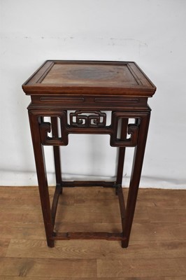 Lot 1518 - Chinese carved hardwood urn stand, with square dished top on angular knotwork pierced frieze and square channel carved supports, 40cm wide x 40cm deep x 79cm high