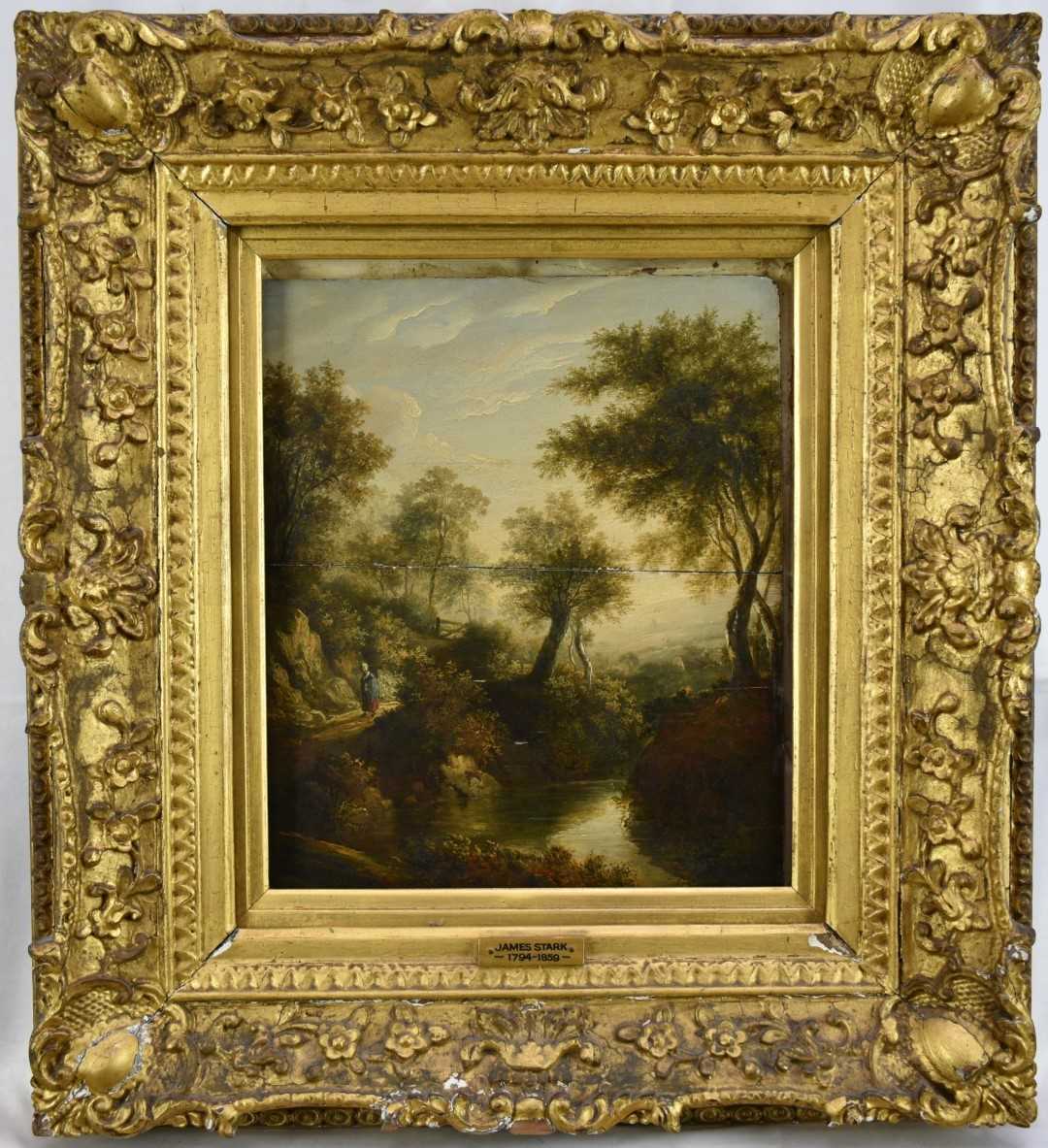 Lot 1224 - James Stark (1794-1859) oil on panel - figure on a track beside a river, 31cm x 26cm, in gilt frame