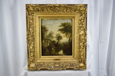Lot 1224 - James Stark (1794-1859) oil on panel - figure on a track beside a river, 31cm x 26cm, in gilt frame