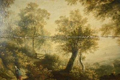 Lot 1224 - James Stark (1794-1859) oil on panel - figure on a track beside a river, 31cm x 26cm, in gilt frame