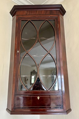 Lot 1491 - 19th century inlaid mahogany hanging corner cupboard