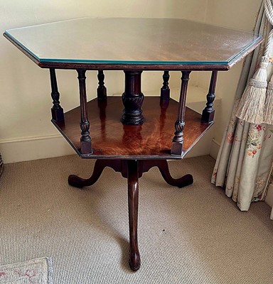 Lot 1493 - George III and later mahogany two tier display table of hexagonal form, on tripod base, 87cm wide