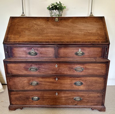 Lot 1494 - George III mahogany bureau of bold proportions, the fall-front enclosing fitted interior above two short and three long drawers, on bracket feet, 117cm wide x 56cm deep, 112cm high