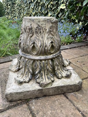 Lot 1555 - Antique reconstituted stone/coade stone capital with acanthus leaf design, 32cm high x 34cm wide.