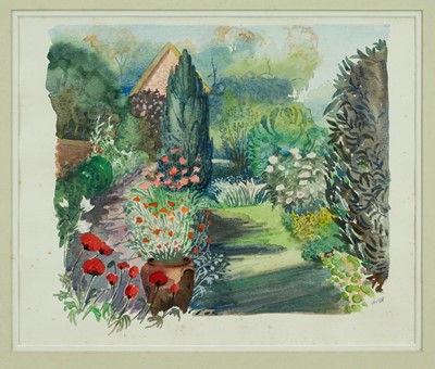 Lot 1297 - *Joan Warburton (1920-1996) watercolour - Garden in Suffolk, signed and dated '88, titled verso, 35cm x 39cm, in glazed frame