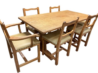 Lot 1529 - Suite of Derek 'Fishman' Slater blond oak dining furniture, comprising high dresser, adzed refectory table and set of six chairs (including two carvers) and hostess trolley (converting to two cof...