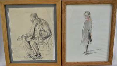 Lot 1278 - Robert G. D. Alexander (1875-1945) portrait sketch of his daughter Jean, 1919, 22cm x 17cm, together with a Jean Alexander pencil sketch of her father Robert, inscribed, 20cm x 16cm, both in glazed...