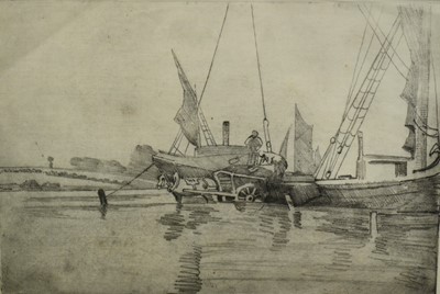 Lot 1279 - Robert G. D. Alexander (1875-1945) etching and pencil - Loading the Wagon, 24.5cm x 37cm, in glazed frame