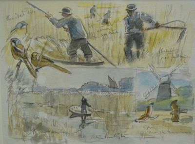 Lot 1283 - Peter Partington (b.1941) pencil and watercolour sketches - On The Broads, signed and inscribed, 27cm x 36cm, in glazed gilt frame