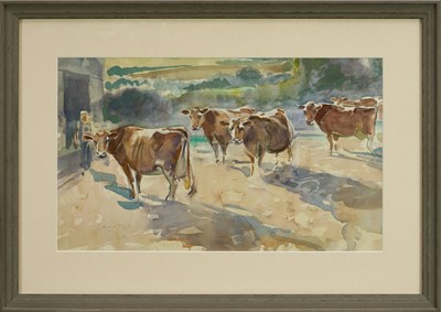 Lot 1284 - Peter Partington (b.1941) pencil and watercolour - Cattle in a Farmyard, signed, 30cm x 50cm, in glazed painted frame