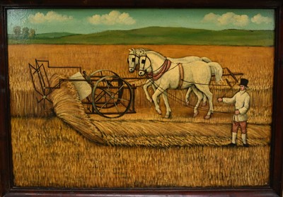 Lot 1403 - 20th century English Naïve School oil on canvas board - Harvesting, 83cm x 121cm, framed