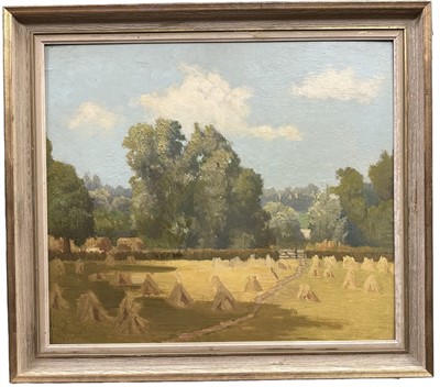 Lot 208 - Elizabeth Powell, oil on board - Hay Stooks, framed