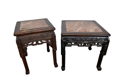 Lot 1533 - Two Chinese hardwood and marble inset low tables, each with carved and pierced frieze and square supports, 41cm wide x 40cm deep x 43cn high and 34cm wide x 34cm deep x 45cm high respectively