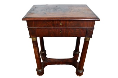 Lot 1535 - 19th century French Empire mahogany work tablet, hinged moulded top enclosing fitted interior with drawer below, on brass mounted supports united by wavy stretcher, 51cm wide x 37cm deep x 70cm hig...