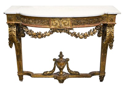 Lot 1499 - Fine quality 19th century French marble topped carved gilt console table, of shaped bowfront outline, the moulded white marble top on boss and scroll ornament frieze and carved swag apron, raised o...