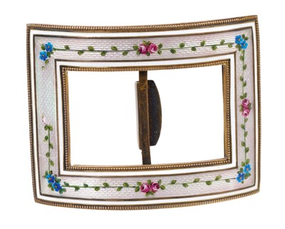 Lot 570 - Good quality Edwardian silver gilt and guilloché enamel buckle with floral design on guilloche enamel ground, London import hallmarks 1908, 75 x 60mm, in original fitted tooled leather box retailed...