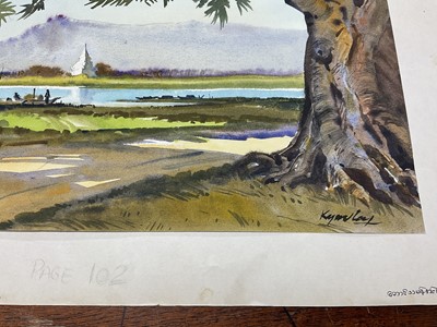 Lot 91 - Kyaw Lay (Burmese 1938-1998) watercolour - River landscape, signed 28 x 38cm
