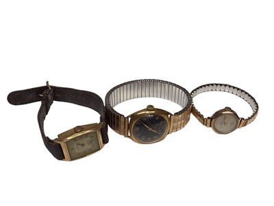 Lot 41 - 9ct gold cased ladies Lanco wristwatch on plated expandable bracelet, together with two vintage gold plated gentlemen's wristwatches (3)
