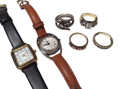 Lot 93 - Two 9ct gold diamond and gem set rings, two silver gem set rings, Longines Equestrian Collection ladies wristwatch and one other watch
