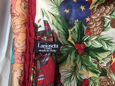 Lot 2053 - Hermes Orange box containing silk scarves, makes include Balenciaga, Mantero Toucan design and Mantero Liberty, Ines de la Fressange, Oscar de la Renta Salute to Freedom, Lariosete