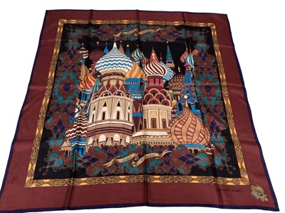 Lot 2053 - Hermes Orange box containing silk scarves, makes include Balenciaga, Mantero Toucan design and Mantero Liberty, Ines de la Fressange, Oscar de la Renta Salute to Freedom, Lariosete