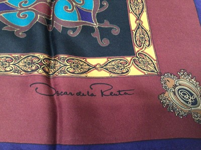 Lot 2053 - Hermes Orange box containing silk scarves, makes include Balenciaga, Mantero Toucan design and Mantero Liberty, Ines de la Fressange, Oscar de la Renta Salute to Freedom, Lariosete