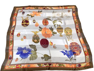 Lot 2053 - Hermes Orange box containing silk scarves, makes include Balenciaga, Mantero Toucan design and Mantero Liberty, Ines de la Fressange, Oscar de la Renta Salute to Freedom, Lariosete
