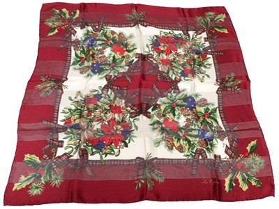 Lot 2053 - Hermes Orange box containing silk scarves, makes include Balenciaga, Mantero Toucan design and Mantero Liberty, Ines de la Fressange, Oscar de la Renta Salute to Freedom, Lariosete