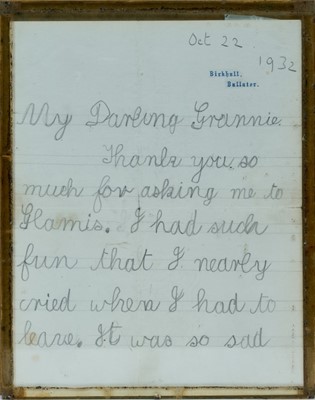Lot 142 - H.R.H.The Princess Elizabeth (later H.M. Queen Elizabeth II) handwritten thank you letter dated Oct 22 1932 to her grandmother, Cecilia Bowes-Lyon, The Countess of Strathmore and Kinghorne