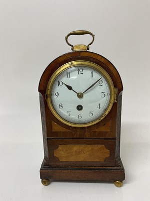 Lot 85 - Good quality Edwardian mantel clock with French 8 day movement by Victor Reclus of Paris, with enamel dial in a inlaid mahogany case, retailed by Percy Webster, Great Portland St. London, with key...