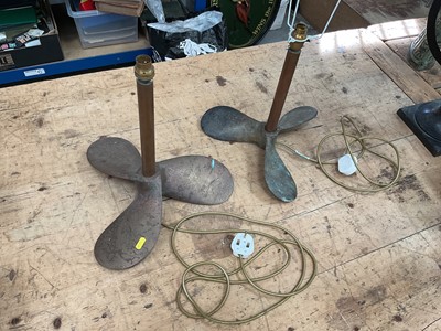 Lot 17 - Pair old bronze propellor table lamps