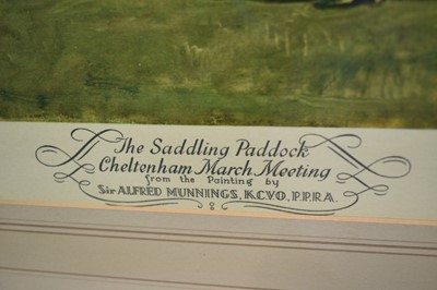 Lot 1036 - *Sir Alfred Munnings (1878-1959) signed coloured print - The Saddling Paddock Cheltenham March Meeting, published by Frost & Reed 1952 with blindstamp, in glazed frame