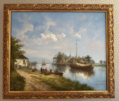 Lot 1006 - Pair of 19th century-style Dutch School oils on canvas - Busy Canal Scenes, 50cm x 60cm, in gilt frames