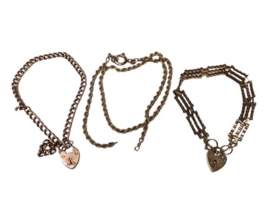 Lot 148 - Two 9ct gold bracelets with padlock clasps and a 9ct gold rope twist chain (3)