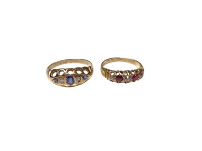 Lot 201 - Antique 18ct gold sapphire and diamond five stone ring and a similar 18ct gold diamond and ruby five stone ring (2)