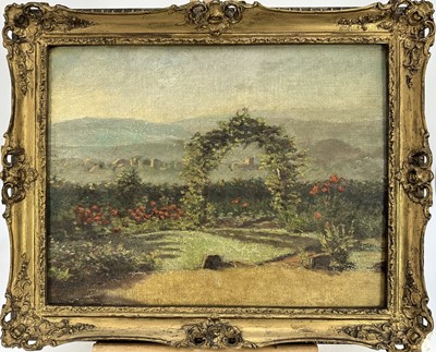 Lot 41 - English School, early 20th century oil on canvas board - View through garden arch to landscape beyond, 34cm x 44cm, in gilt frame