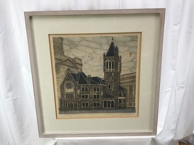 Lot 67 - Valerie Thornton (1931–1991) etching of a church, signed and dated 1971, artist's proof, 39cm x 39cm, in glazed frame